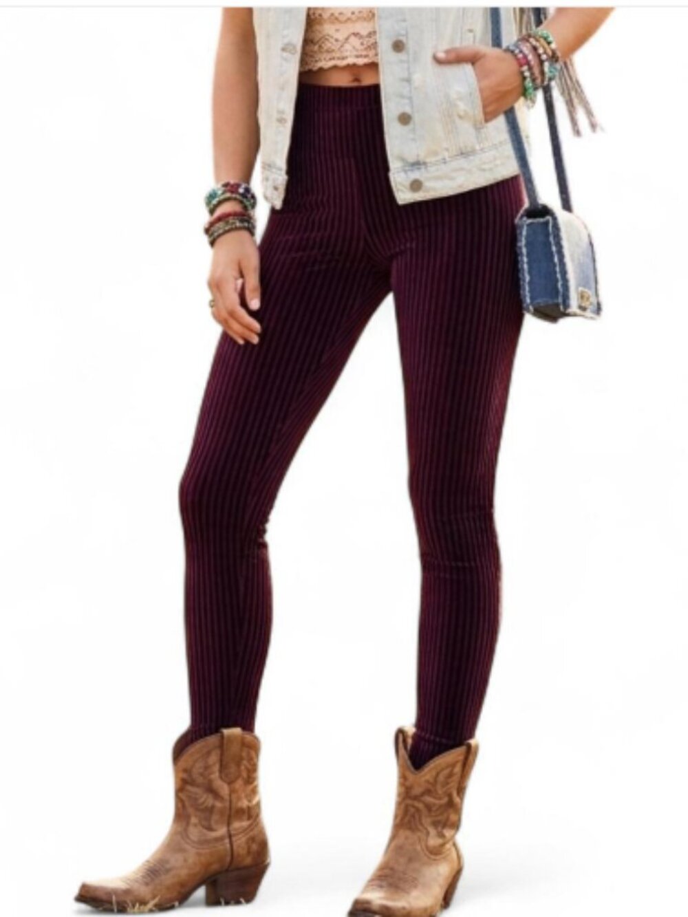 Free People Here We Go High Waist Velvet Black/Plum Burgundy Striped Leggings S